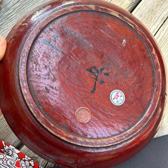 Set of 2 Wax Stamped Vintage Asian Hand Painted Floral Wooden Plates - Picture 4 of 16